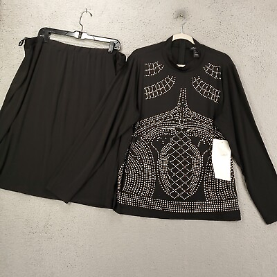 #ad New Ashro 2 PC Skirt Set Womens 2X Black Studded Stretchy Skirt Tunic $29.99