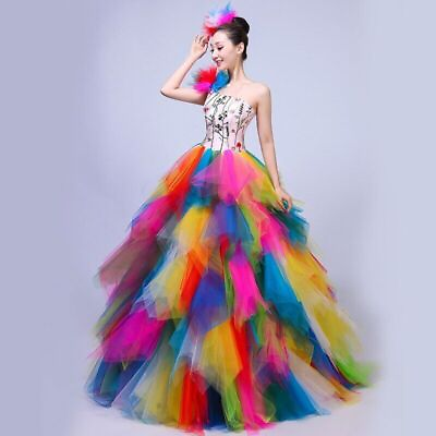 #ad Multi colored Backless Long Dress Women Modern Dance Costumes Opening Dance $121.39