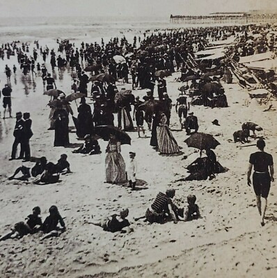 New Jersey Atlantic City Crowded Beach Pier Swimsuits Men Women Stereoview D345 $22.95