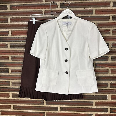 #ad Vintage Le Suit Essentials Skirt amp; Button Up Blouse Short Sleeve White Brown 6P $33.99
