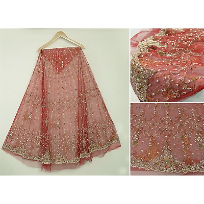 #ad Sanskriti Vintage Long Skirt Net Mesh Red Hand Beaded Unstitched Zardozi Lehenga $84.99