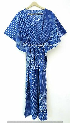 Indian Indigo Long Blue Print Cotton Ethnic Maxi Women Nightwear Caftan Dress $22.31