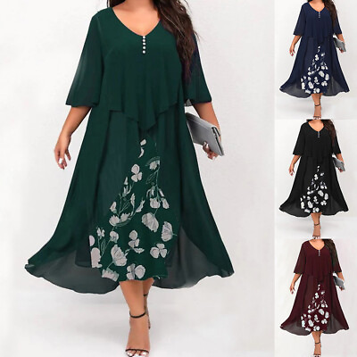 #ad Plus Size Women Floral Chiffon Midi Dress Evening Party Cocktail Ball Gown 22 30 $36.99