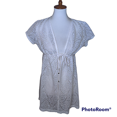#ad Catalina Swim Cover Up Womens S White Lace Open Tie Front Beach Vacation $9.99