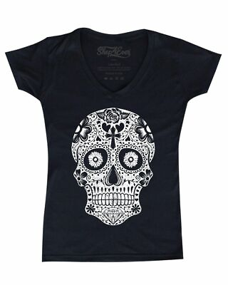 #ad Day Of The Dead Skeleton Skull Women#x27;s V Neck T shirt Día de Muerto Tee Shirt $14.99
