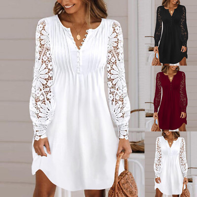 #ad Womens Spring Lace Solid Long Sleeve V Neck Pleated Dresses Party Cocktail Gown $27.09