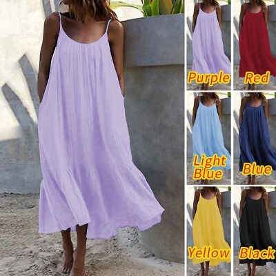 #ad Ladies Summer Sleeveless Loose Dress Beach Slip Sundress Swing Baggy Strappy NEW $18.19