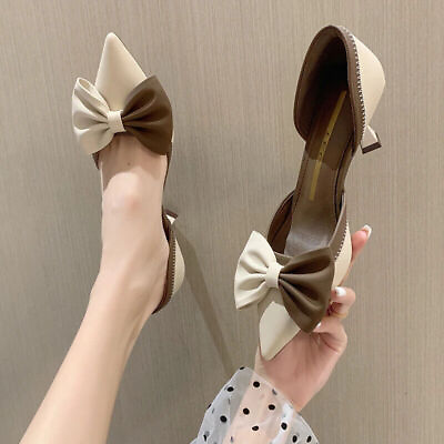 #ad New Women Bowtie High Heels Pointed Toe Thin Heel Pumps Stilettos Party Shoes $37.07