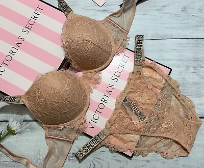 #ad Victoria’s Secret Shine Strap Very Sexy Lace Push Up Bra Bikini Set Beige $95.00