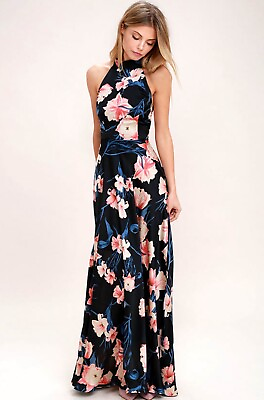 #ad Lulus Blooming Garden Black Floral Print Halter Maxi Dress Women’s Size Medium $45.00