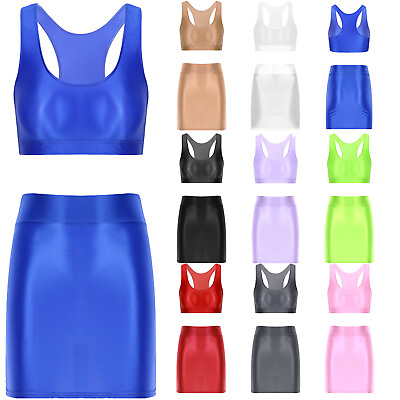 Womens Glossy Seamless Solid Color Crop Top Vest with Bodycon Mini Skirt Outfits $12.37