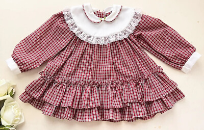 Vtg Red Plaid Ruffle Dress 2T Lace Tier Holiday Party Girls Doll 80s Baby Circle $38.90