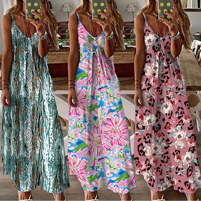 #ad Womens Summer Beach Sun Dress Ladies Holiday Strappy Maxi Dresses Plus Size $22.99