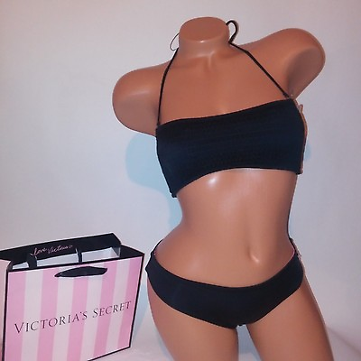 #ad Victoria Secret Swim Bikini Small Top Bottom Smocked Bandeau Black New $53.99