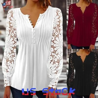 #ad Womens Lace V Neck Tops T Shirts Ladies Long Sleeve Casual Party Tunic Blouse US $21.89