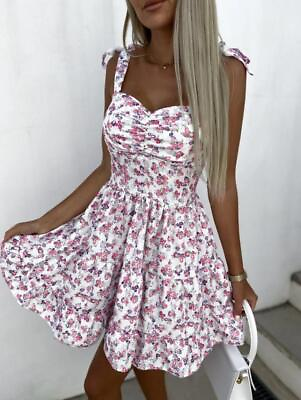#ad Ladies Summer Wide Strap Womens Strappy Sun Dresses Beach Mini Floral Dress Size $17.99