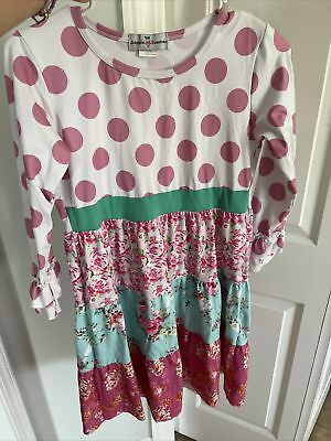 #ad Girls Adorable Sweetness Dress Pink Flowers and Polka Dots Ruffle Sleeve Size 10 $15.00