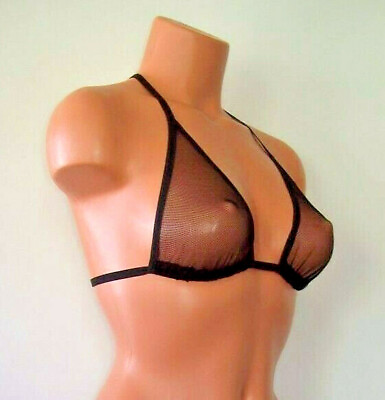 #ad Black Sheer Spandex Mesh Adjustible Back Tie Bikini Top Lingerie Sunwear $7.20