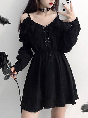 #ad Gothic Mini Dress Sexy Off Shoulder High Waist Party Dress Long Sleeve V Neck $36.35