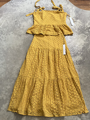 #ad House of Harlow 1960 Skirt Set Womens Size Small Mustard Yellow Eyelet Boho $129.98