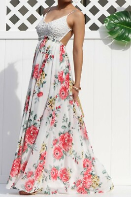 #ad Boho White Crochet Knit Open Back Floral Maxi Dress Bohemian Summer Dress Gown $49.95
