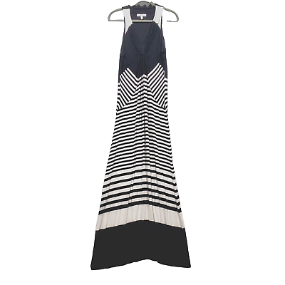 #ad *Chaus Maxi Dress Flowy V Neck Striped Color Block Black White Womens L* $11.37