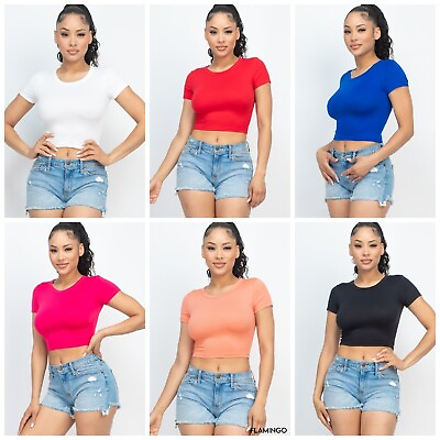Crop top scoop neck short sleeve basic casual party stretch t shirt poly blend $10.37