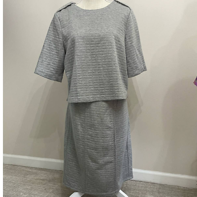 #ad Sharagano Grey Quilted Skirt Set SZ 14 Gray Knit Top Suit $30.10