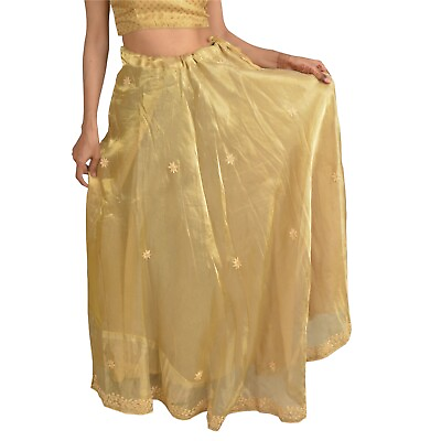 #ad Sanskriti Vintage Long Wedding Skirt Art Silk Golden Handmade Stitched Lehenga $126.20