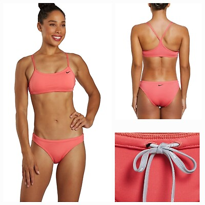 #ad Nike Women#x27;s Essential 2 Piece Racerback Swimsuit Bikini Set in Coral Size M NEW $46.99