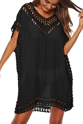 SIAEAMRG Swimsuit Cover Ups for Women V Neck Crochet Chiffon One Size Black $16.42