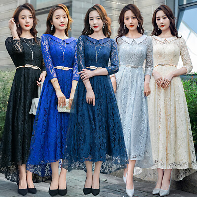 2024 Women Evening Party Dress Lady Summer Long Frocks 3 4 Sleeves Lace Gowns $63.66