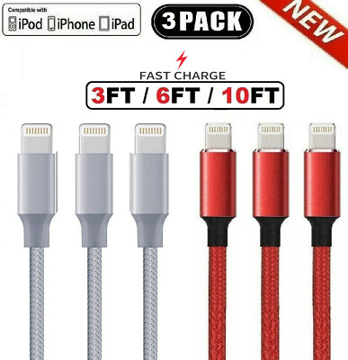 #ad 3 Pack Fast Charger USB Cable For iPhone 7 8Plus iPhone 8 11 12 13 14 Pro Max XR $11.49