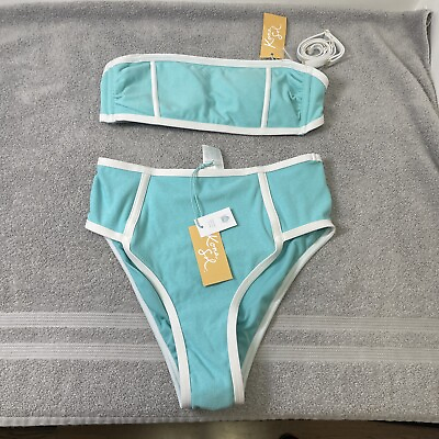 #ad NWT Kona Sol Womens Sz Small 2 pc TERRY TEXTURED Bikini Swimsuit High Waist Teal $7.95