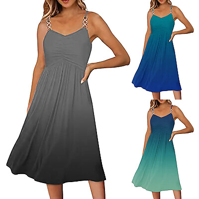 #ad Summer Dresses For Women Gradient Printing Sleeveless V Neck Spaghetti Strap A $25.26