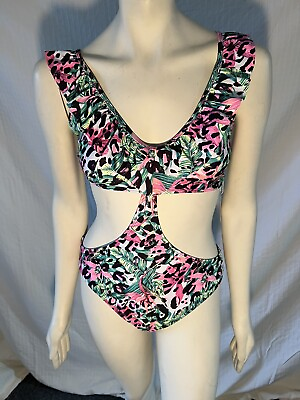 #ad #ad LA LA Swim Cheetah Animal Floral Tie Open Sides One Piece Bikini NWT Swimsuit XL $16.99