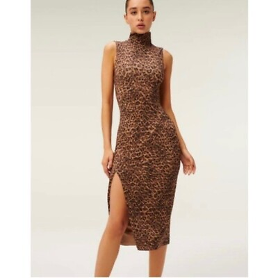 #ad Good American Leopard Stretchy Knit Turtleneck Bodycon Slit Midi Dress Boho 4X $36.00