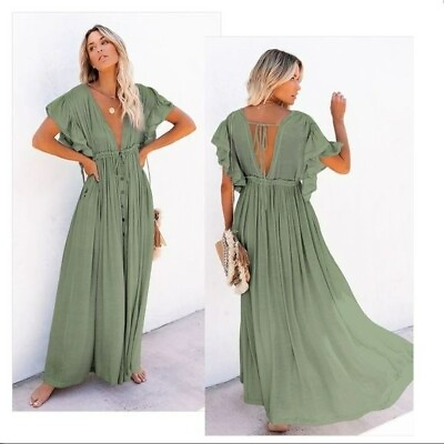 Boho summer lounge beach tunic coverup one size button front flutter sleeve $39.42
