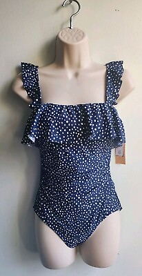 #ad NEW Women#x27;s One Piece Swimsuit Navy Polka Dot Ruffle Multiple Sizes NWT MSRP $48 $8.99
