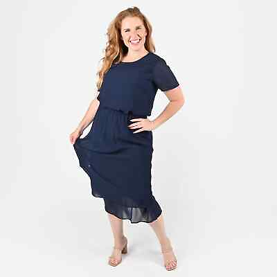 TAMSY Navy 2 Piece Chiffon Elastic Waist Round Neck Short Sleeve Skirt Set 2X $112.49