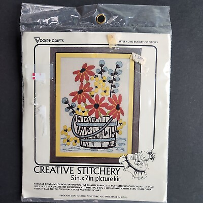#ad 70s 80s NOS Bucket of Daisies Crewel Embroidery Kit #2106 Boho DIY Decor 5x7 USA $14.99