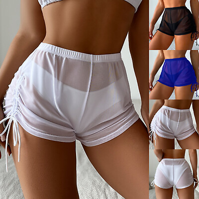 #ad Women Side Drawstring Mesh Cover Up Shorts Beach Cover Up Beach Wrap Ruffle Pant $10.99