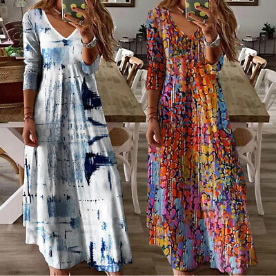 #ad #ad Sundress Beach Dress Maxi Boho Dresses V Neck Long Sleeve Casual Women Party UK GBP 19.25