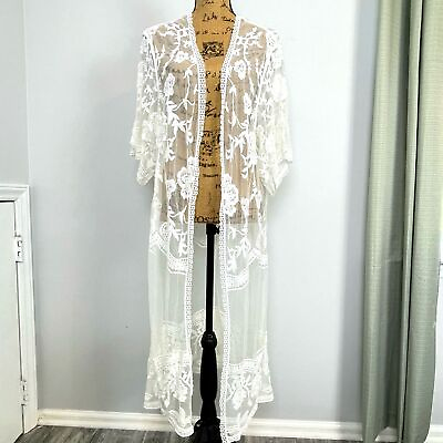 #ad Boho Bridal Robe Sheer Lace Shawl Floor Length White Lace Duster One Size $18.95
