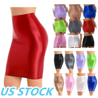 #ad US Women#x27;s Glossy High Waist Pencil Skirt Stretchy Bodycon Skirts Tube Skirt $8.54