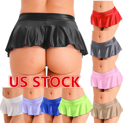 #ad US Women#x27;s Shiny Glossy Skater Skirt Fashion Flared Mini Skirt Lingerie Skirts $9.99
