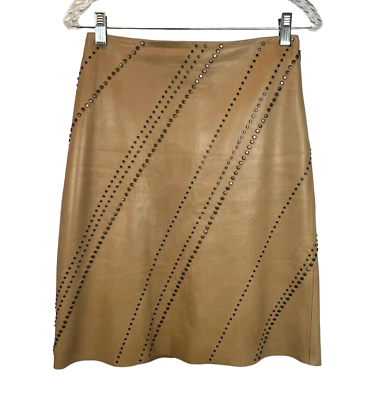 #ad DKNY Leather Skirt Women#x27;s Size 4 Studded A Line Tan $49.44