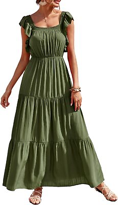 #ad PRETTYGARDEN Womens Summer Boho Maxi Dress Short Sleeve V Neck Ruffle Trim High $66.56