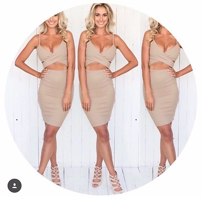 Rose Bullet Ladies Womens Nude Mini Midi Bodycon Dress Crossover Front Cocktail AU $67.95