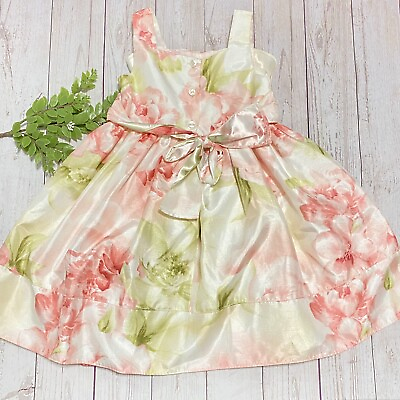 #ad YOUNGLAND Girls 5 Fancy FLORAL Party Dress Tie Back Crinoline PINK GREEN WHITE $10.00